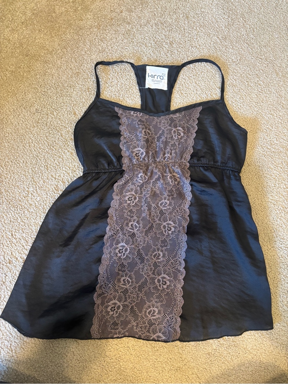 Kirra Black Satin Chemise with Taupe Lace Panel